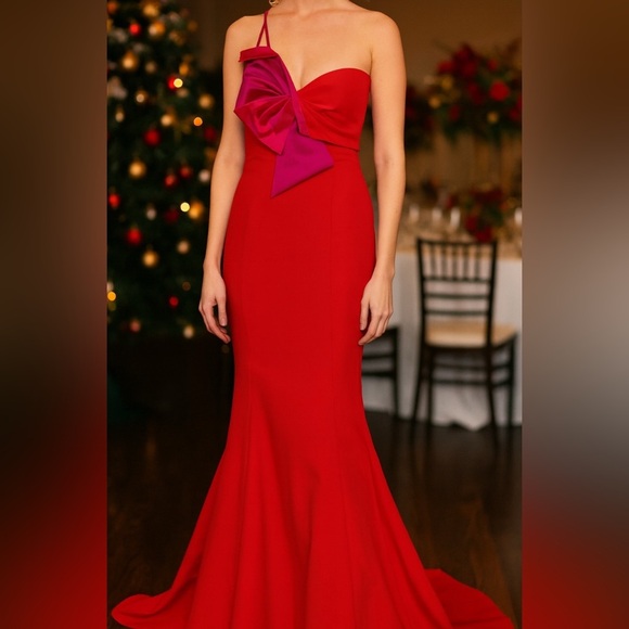 NWT Amsale Coral Fuchsia Duchess Satin Oversize Bow One Shoulder Gown size 6 - Picture 1 of 12